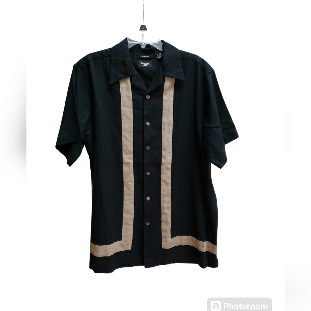 Haggar Washable Linen Shirt Mens Size L Black Tan Button Up